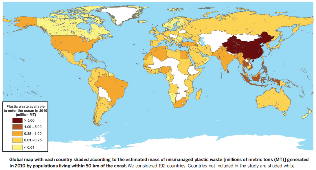 廃プラスチックの海洋への国別流出量